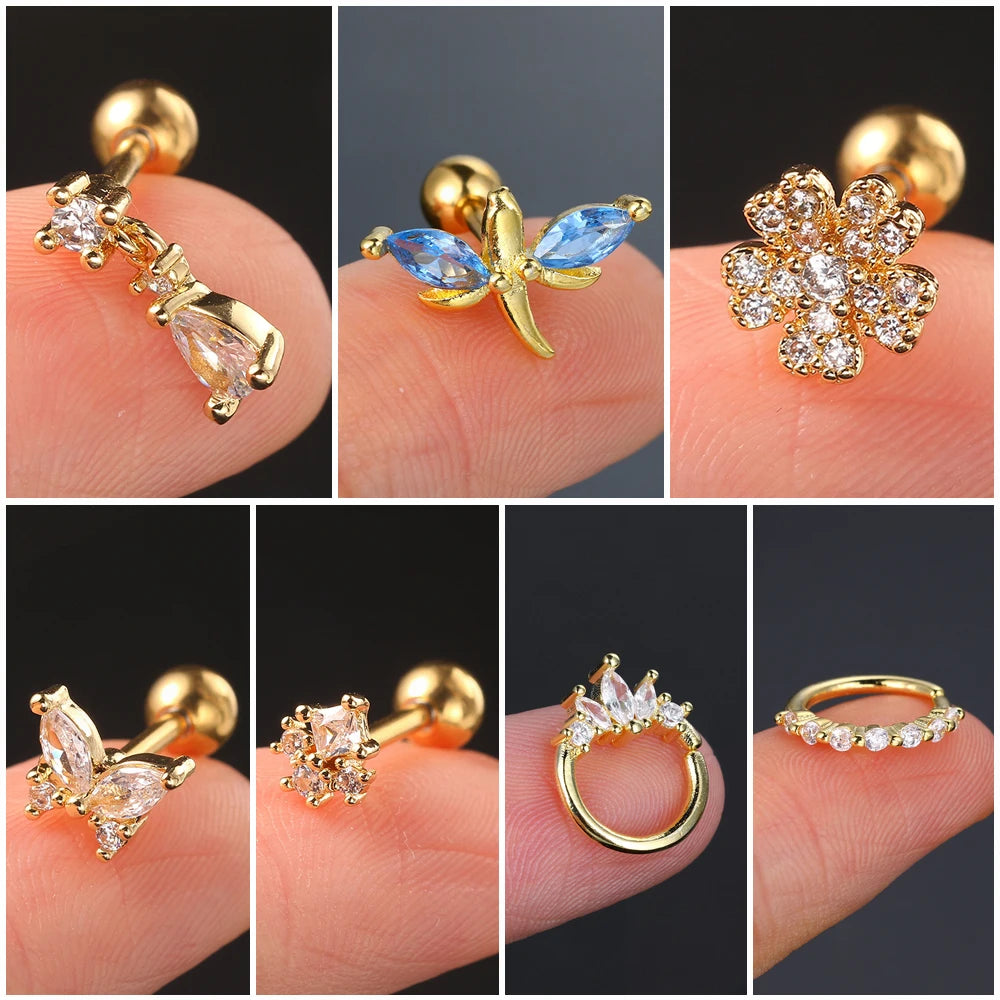 1pc Tragus Piercing Earrings Butterfly Women Jewelry Zircon Gold Color Helix Septum Cartilage Daith Stainless Steel Ear Ring