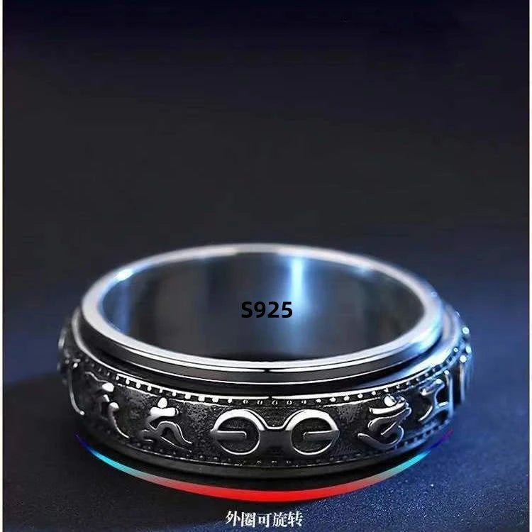 S925 Sterling Silver  Ring For Men Jewelry Retro Buddhist Six-Character Great Mantra Ring Male Female Amulet Jewelry Gift