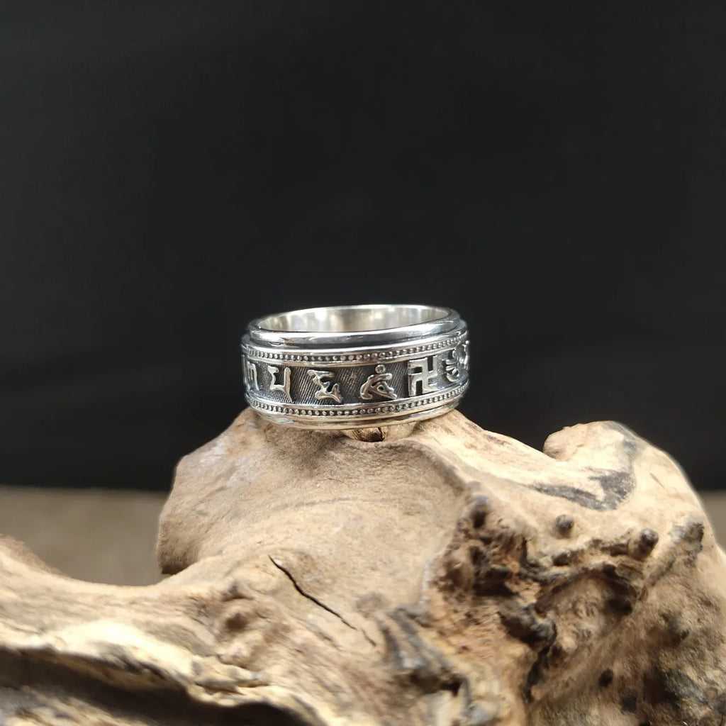 S925 Sterling Silver  Ring For Men Jewelry Retro Buddhist Six-Character Great Mantra Ring Male Female Amulet Jewelry Gift
