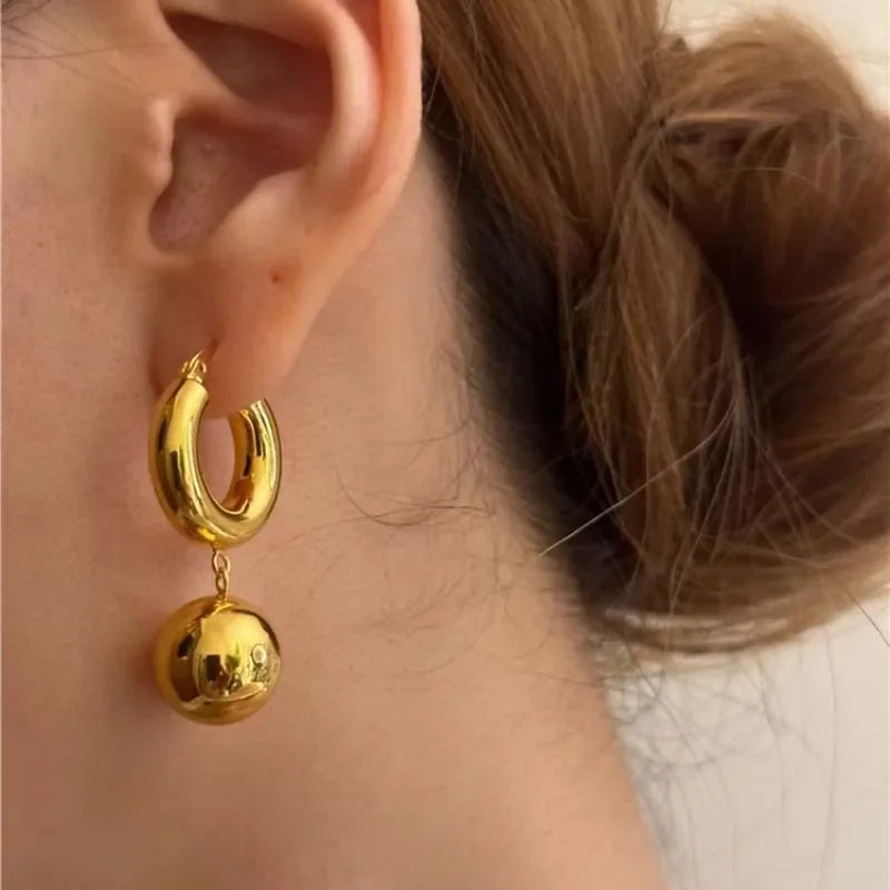 Vintage Metal Gold Color Smooth Ball Drop Earrings For Women Girl Minimalist Stainless Steel Hoop Earrings Jewelry Gifts