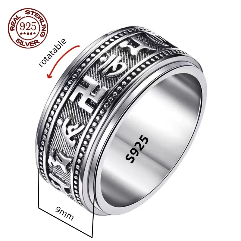 S925 Sterling Silver  Ring For Men Jewelry Retro Buddhist Six-Character Great Mantra Ring Male Female Amulet Jewelry Gift
