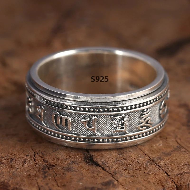 S925 Sterling Silver  Ring For Men Jewelry Retro Buddhist Six-Character Great Mantra Ring Male Female Amulet Jewelry Gift