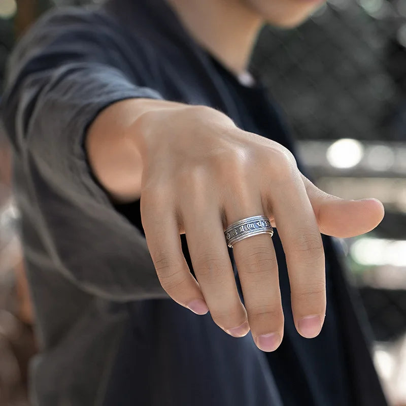 S925 Sterling Silver  Ring For Men Jewelry Retro Buddhist Six-Character Great Mantra Ring Male Female Amulet Jewelry Gift