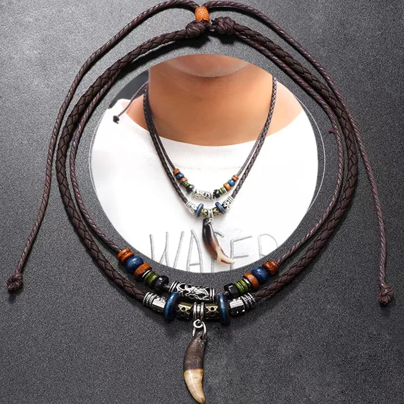 Tribal Dog Tooth Necklace Retro Ethnic Weaving Beads Leather Pendants Multi-layer Wolftooth Neck Chains Accessory Jewelry Gifts