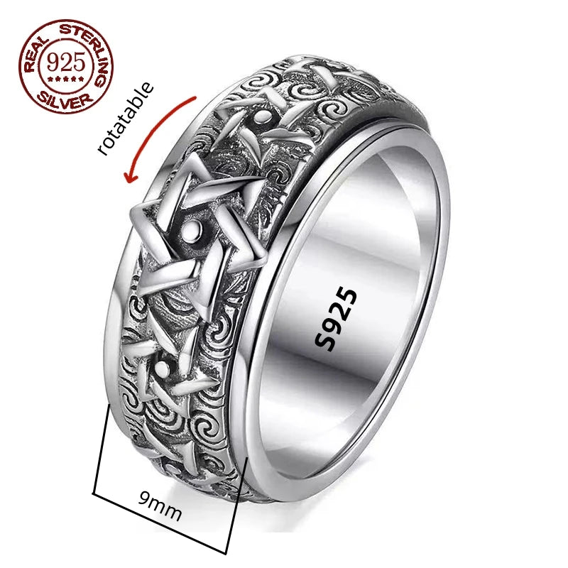 S925 Sterling Silver  Ring For Men Jewelry Retro Buddhist Six-Character Great Mantra Ring Male Female Amulet Jewelry Gift