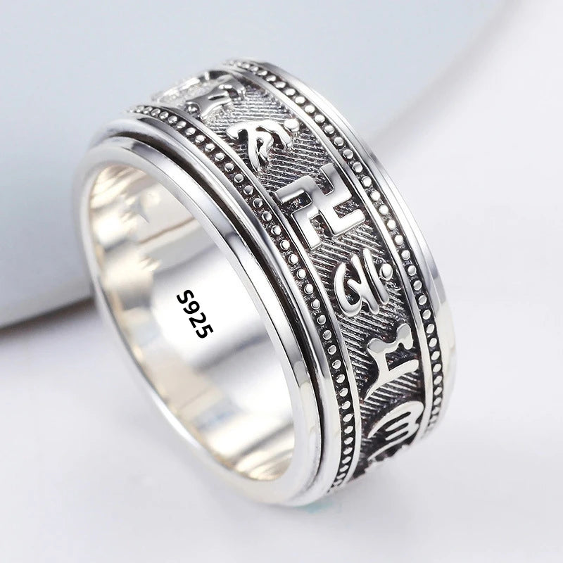 S925 Sterling Silver  Ring For Men Jewelry Retro Buddhist Six-Character Great Mantra Ring Male Female Amulet Jewelry Gift