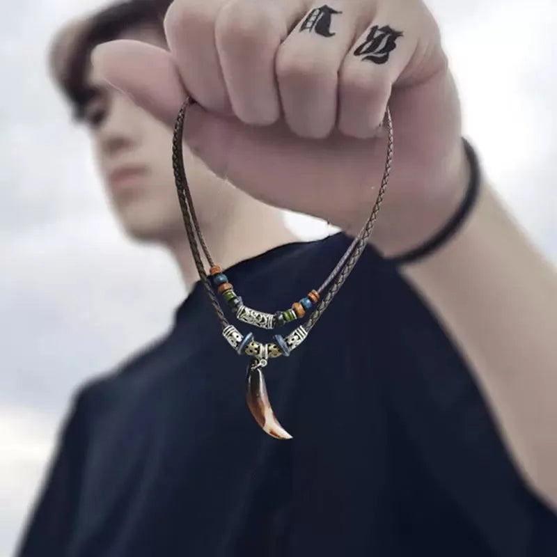 Tribal Dog Tooth Necklace Retro Ethnic Weaving Beads Leather Pendants Multi-layer Wolftooth Neck Chains Accessory Jewelry Gifts
