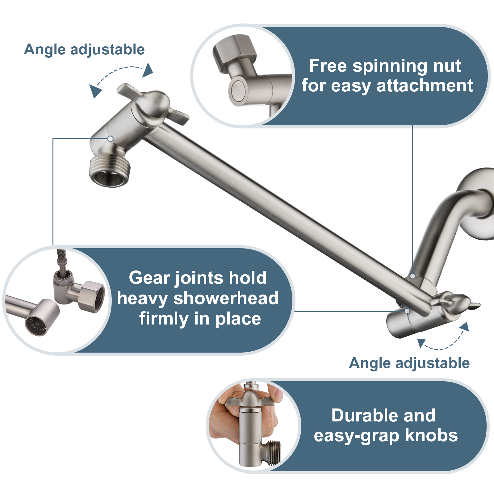 Brass Shower Head Extension Arm, Height & Angle Adjustable,10 Inch