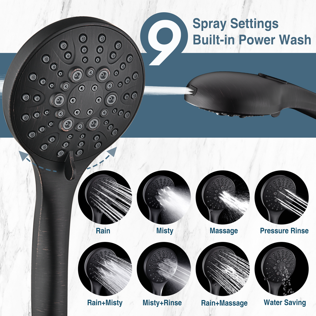 High Pressure Handheld Shower Head, 9-Spray Showerhead with 69" Hose, Bracket