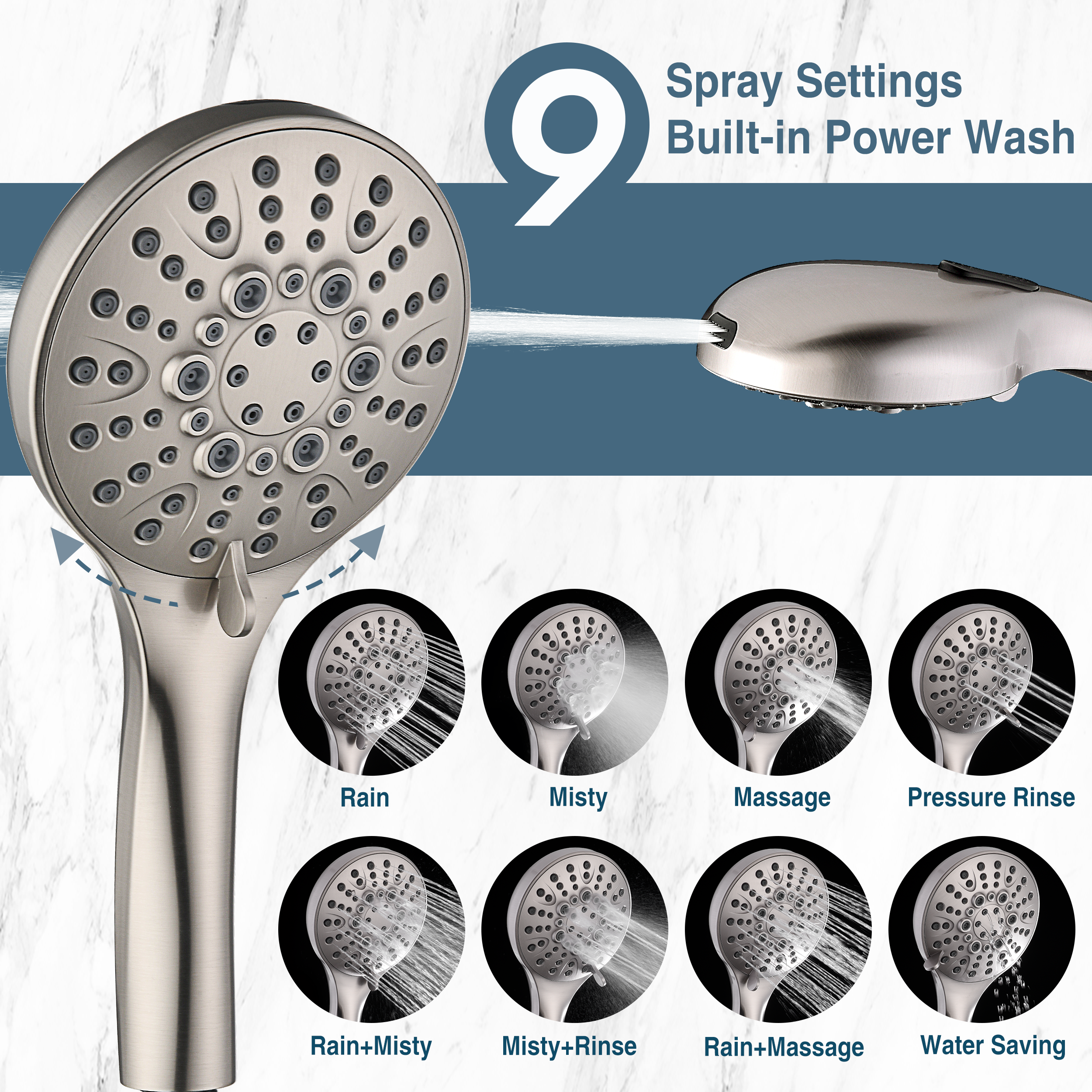 High Pressure Handheld Shower Head, 9-Spray Showerhead with 69" Hose, Bracket