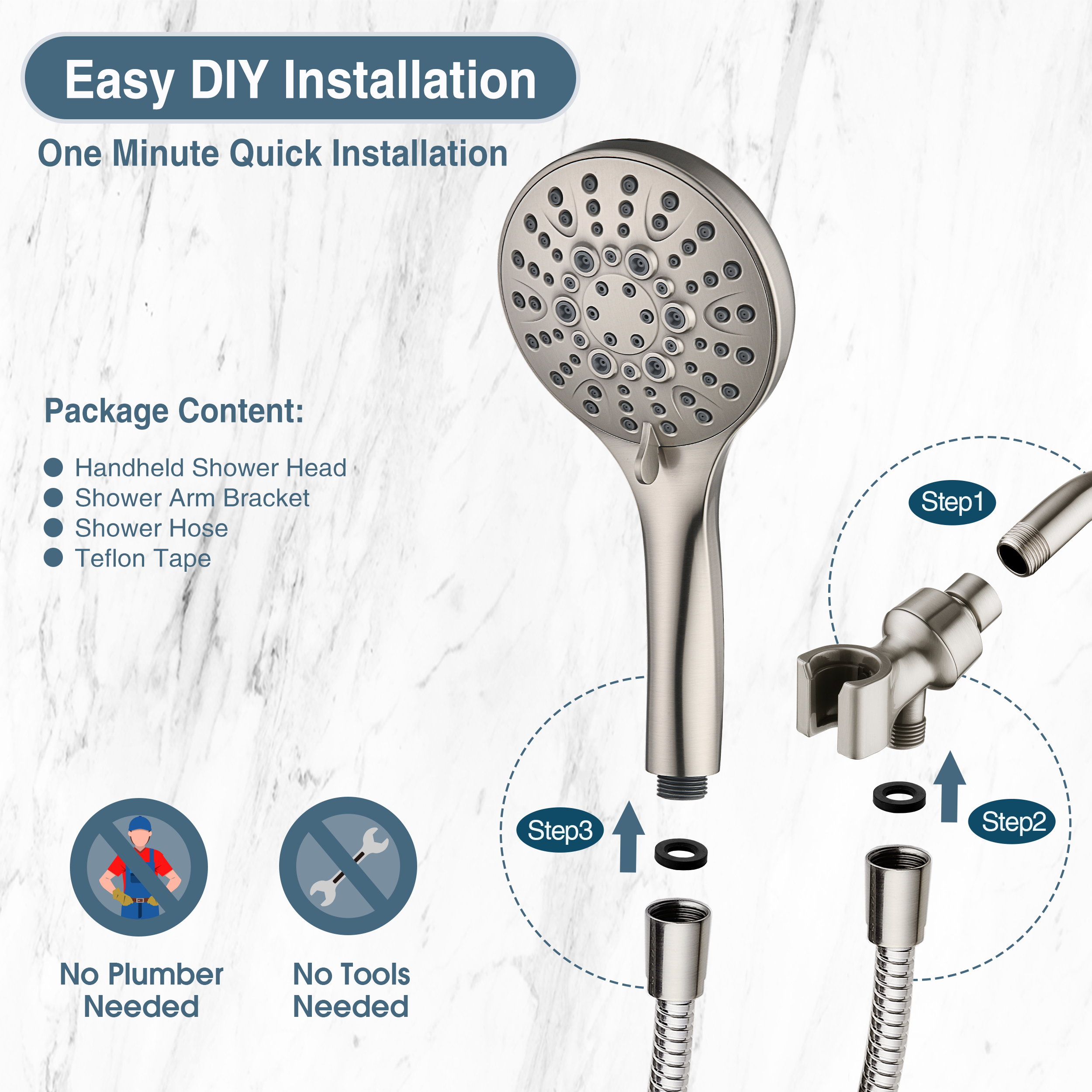 High Pressure Handheld Shower Head, 9-Spray Showerhead with 69" Hose, Bracket