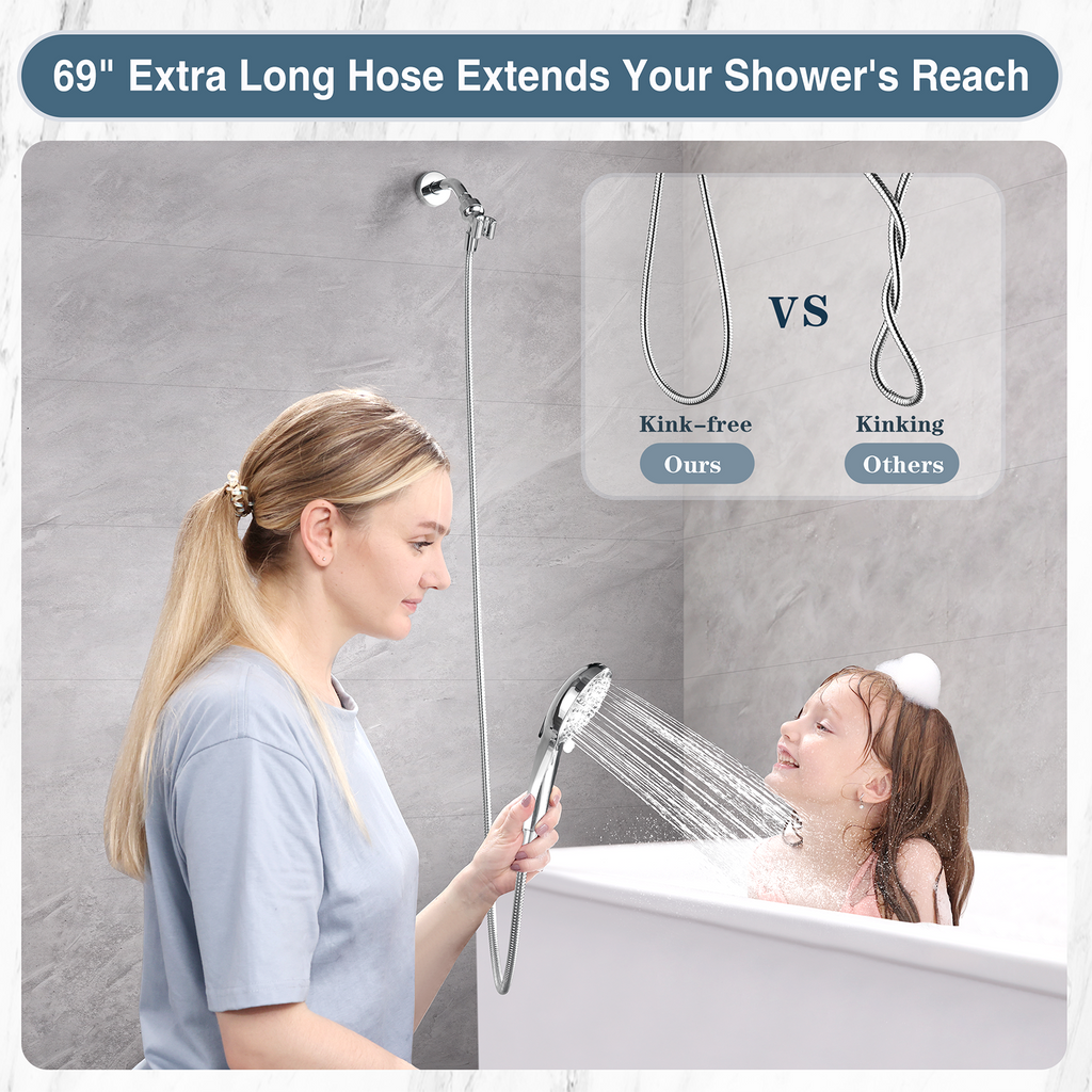 High Pressure Handheld Shower Head, 9-Spray Showerhead with 69" Hose, Bracket
