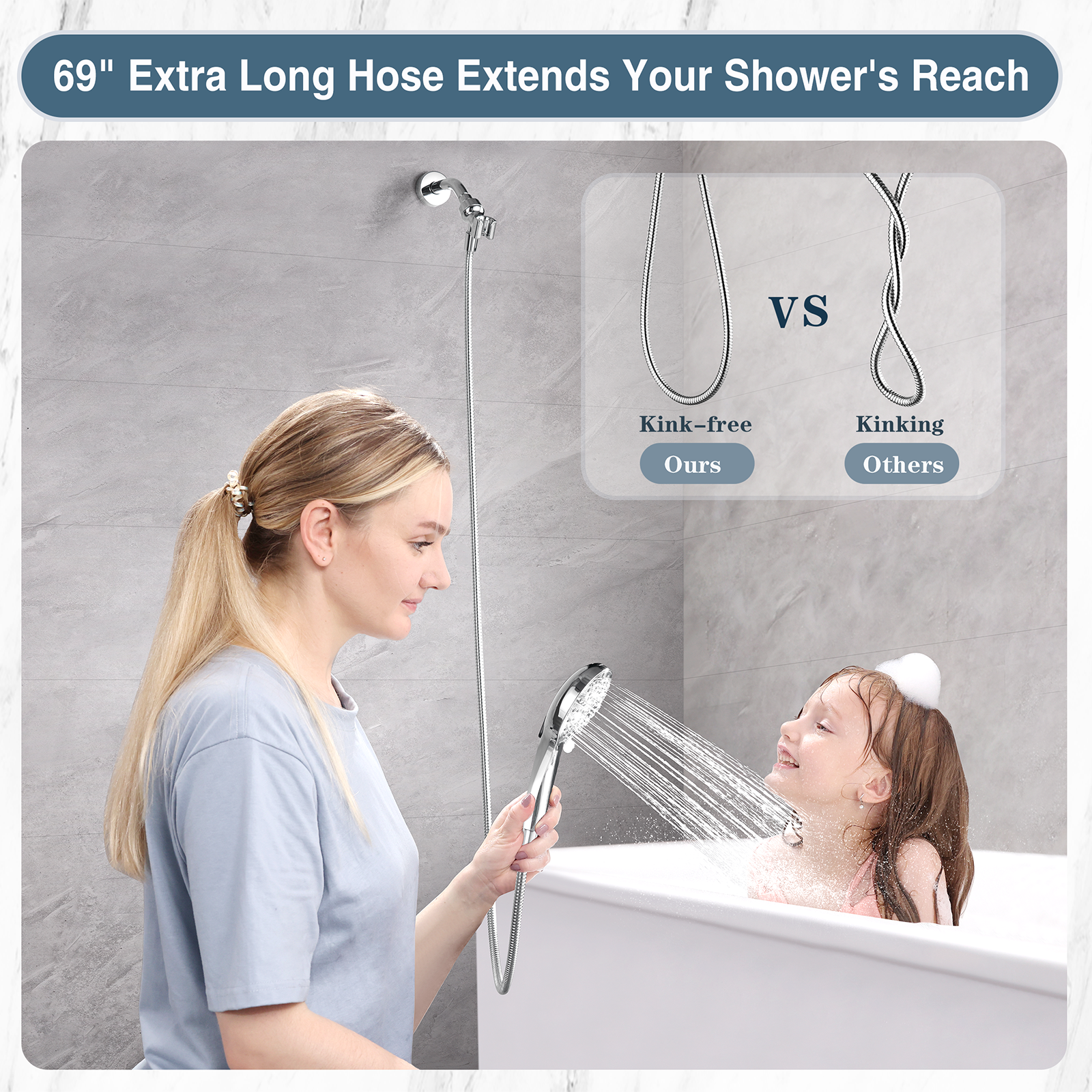 High Pressure Handheld Shower Head, 9-Spray Showerhead with 69" Hose, Bracket