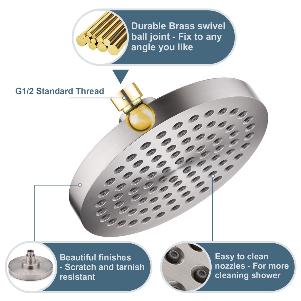 High Pressure 6 Inch Rainfall Shower Head with 2 Spray Settings, Adjustable Angle