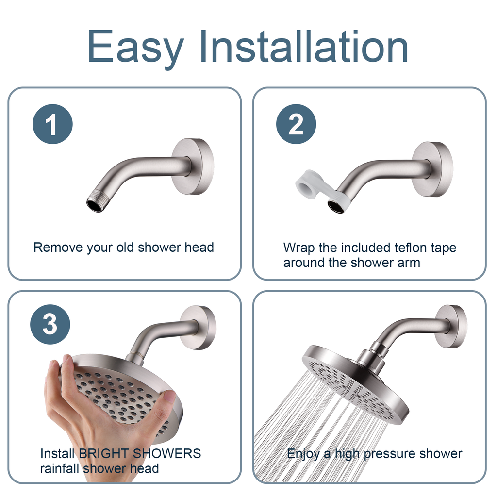 High Pressure 6 Inch Rainfall Shower Head with 2 Spray Settings, Adjustable Angle