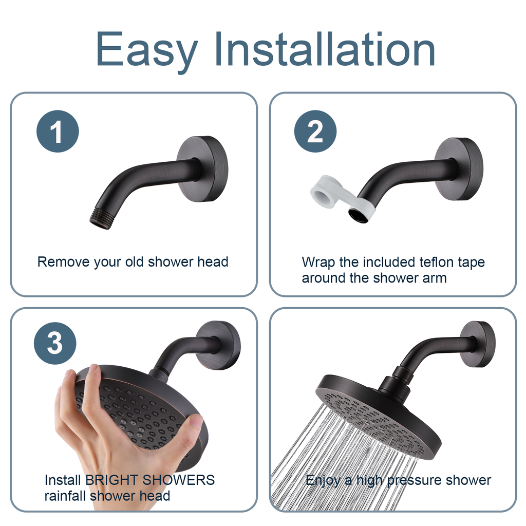 High Pressure 6 Inch Rainfall Shower Head with 2 Spray Settings, Adjustable Angle
