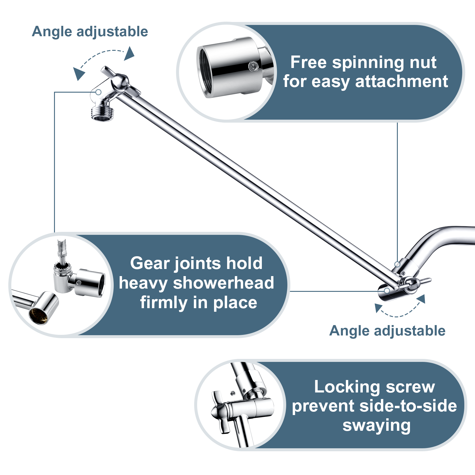 15 Inch Solid Brass Shower Head Extension Arm, Height & Angle Adjustable