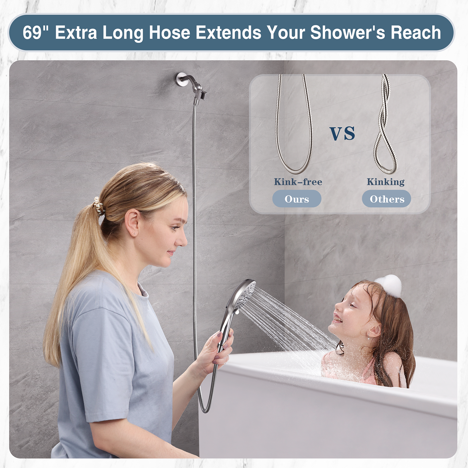 High Pressure Handheld Shower Head, 9-Spray Showerhead with 69" Hose, Bracket