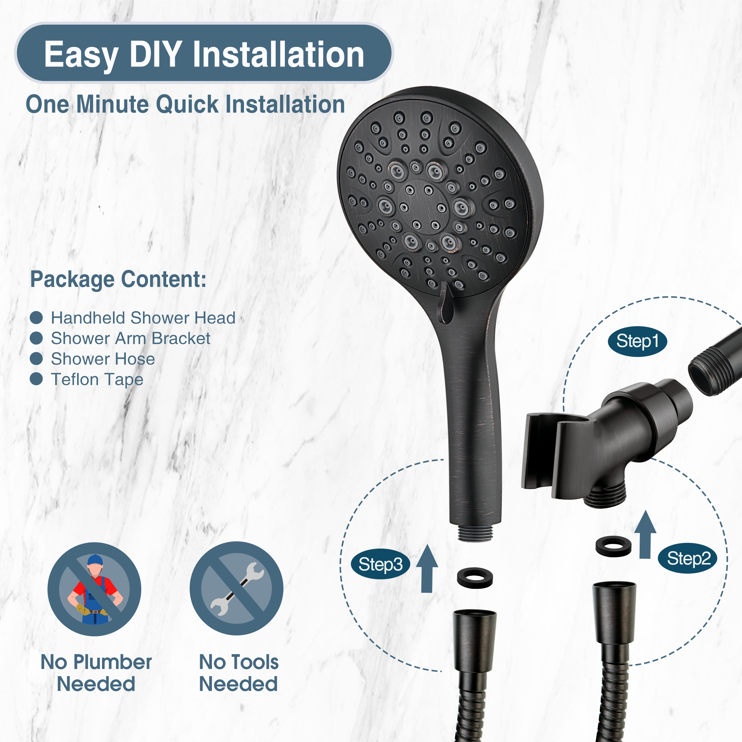 High Pressure Handheld Shower Head, 9-Spray Showerhead with 69" Hose, Bracket