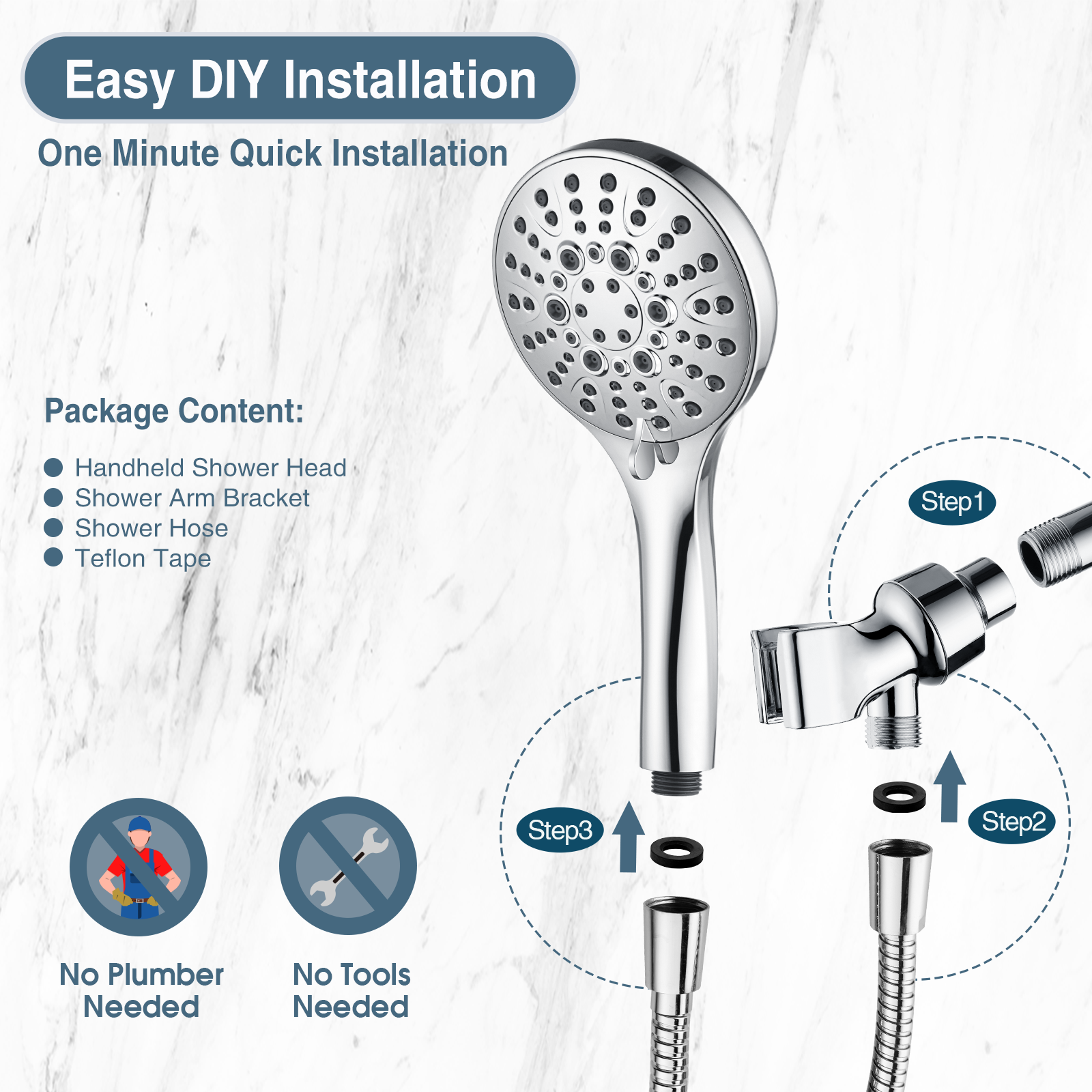 High Pressure Handheld Shower Head, 9-Spray Showerhead with 69" Hose, Bracket