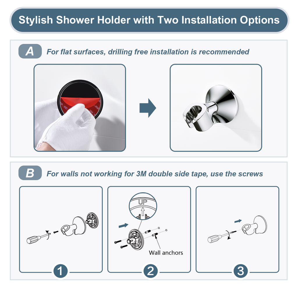 Strong Adhesive Shower Head Holder, Wall Mounted Handheld Shower Bracket, Screw Mounting