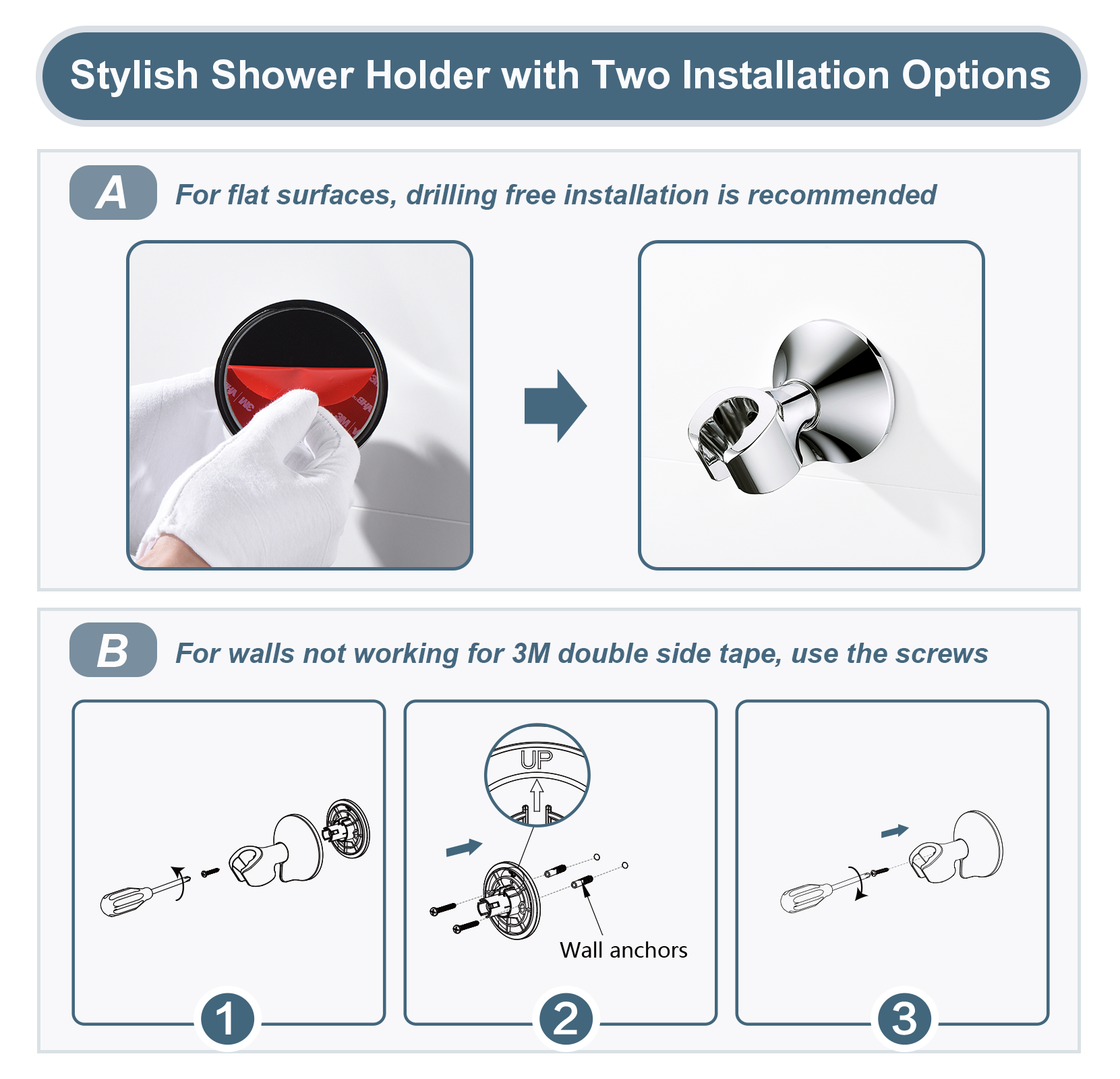 Strong Adhesive Shower Head Holder, Wall Mounted Handheld Shower Bracket, Screw Mounting