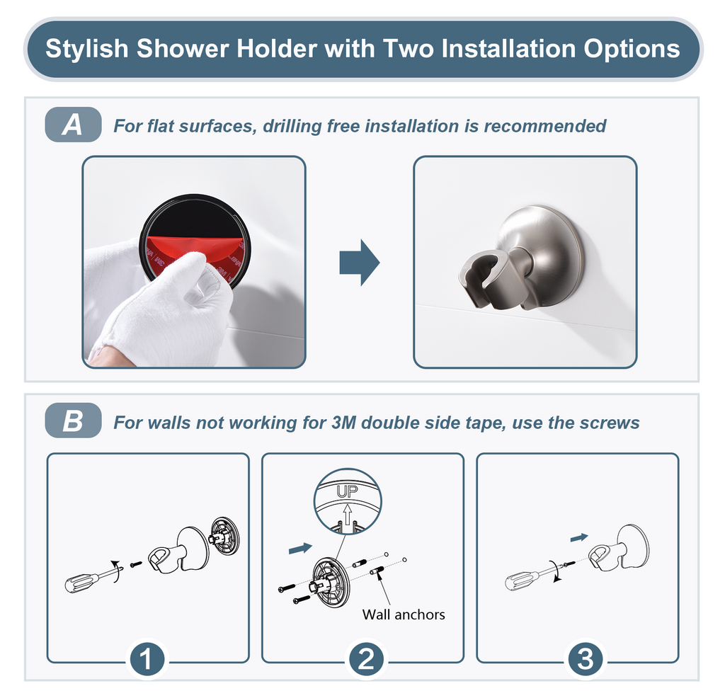 Strong Adhesive Shower Head Holder, Wall Mounted Handheld Shower Bracket, Screw Mounting