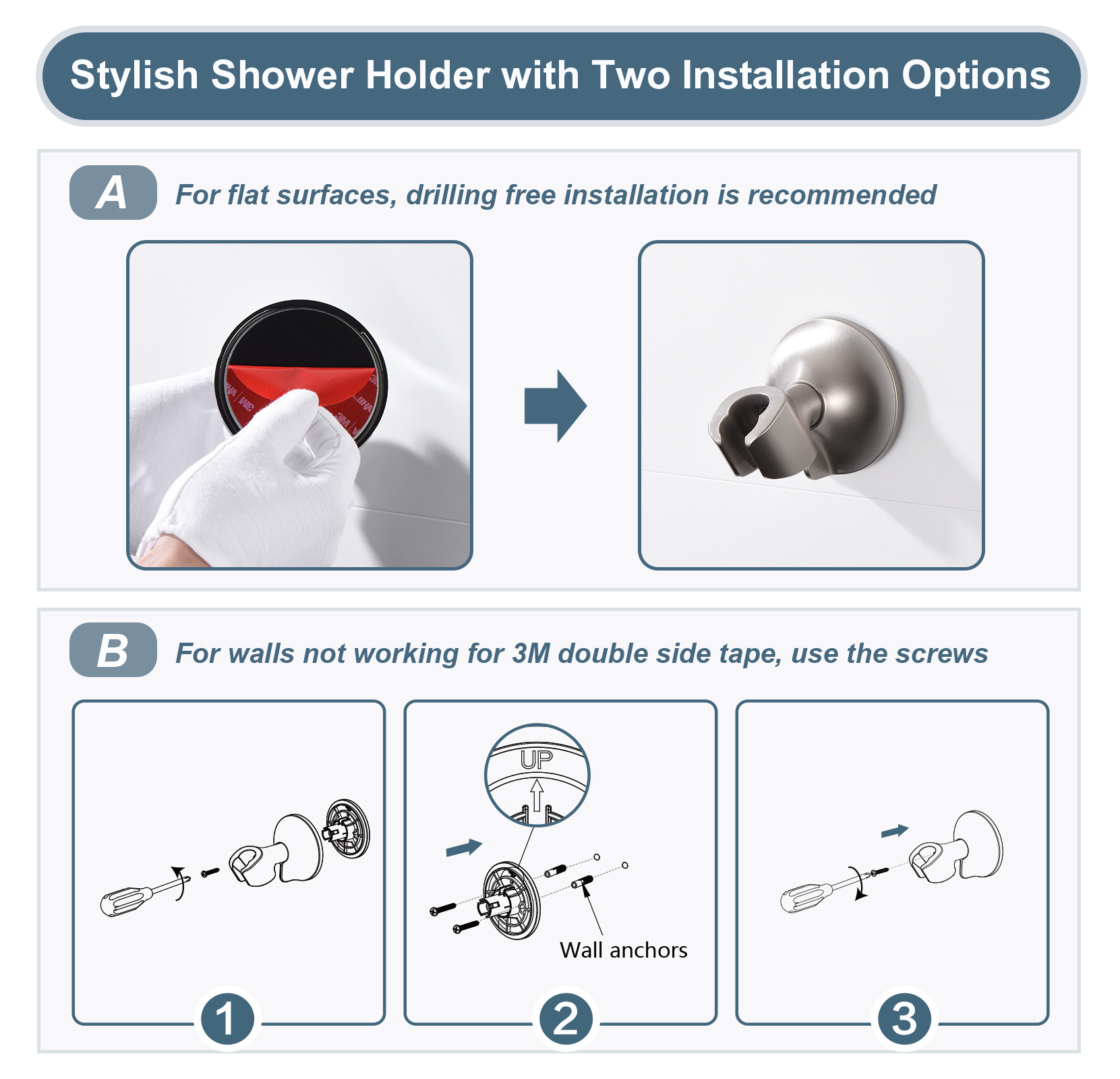 Strong Adhesive Shower Head Holder, Wall Mounted Handheld Shower Bracket, Screw Mounting