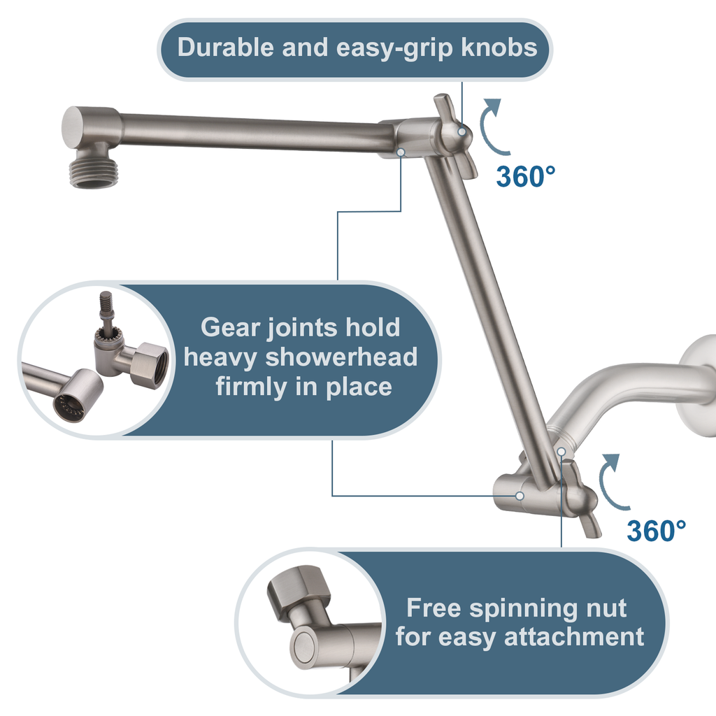 14 Inch Shower Arm Extender for Rain and Handheld Shower Head, Height & Angle Adjustable