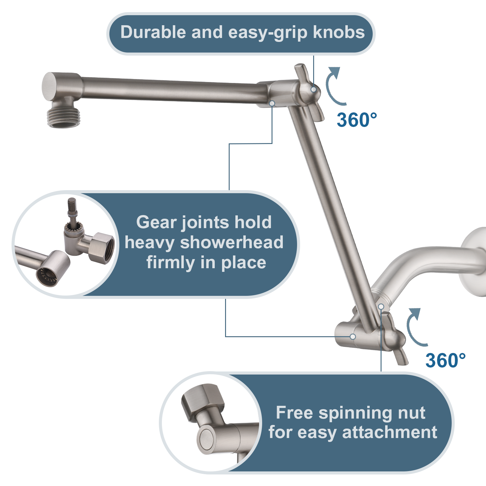 14 Inch Shower Arm Extender for Rain and Handheld Shower Head, Height & Angle Adjustable