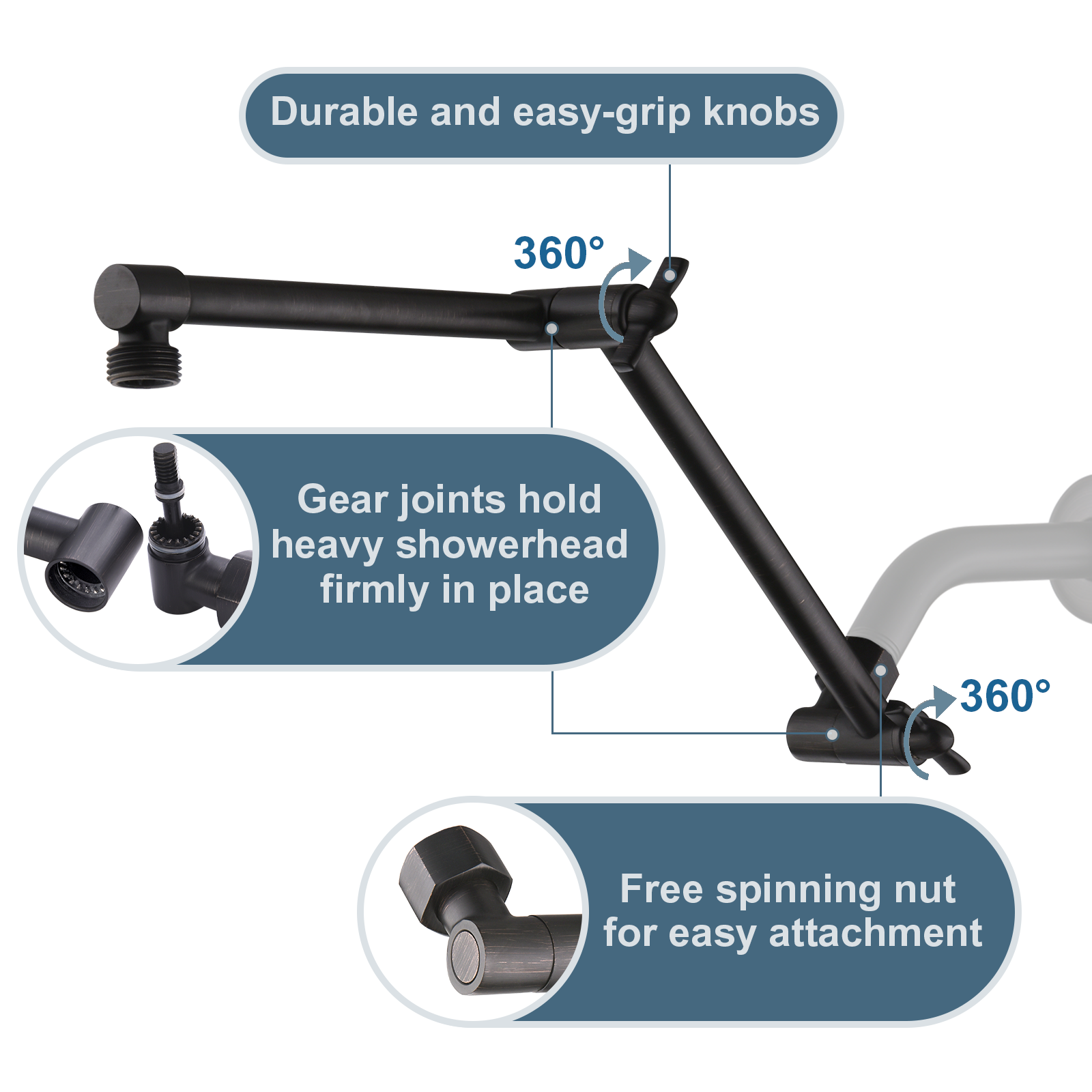 14 Inch Shower Arm Extender for Rain and Handheld Shower Head, Height & Angle Adjustable