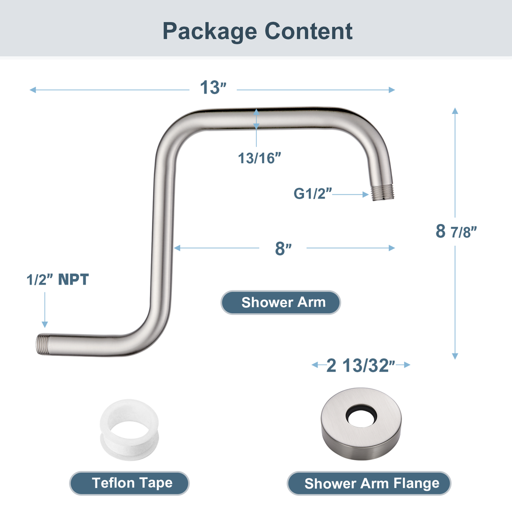 Bright Showers Shower Head Extension Arm with Flange S Shaped High Rise Extender,13 Inch