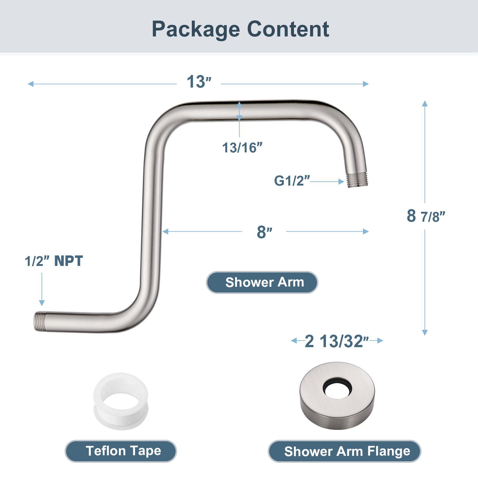 Bright Showers Shower Head Extension Arm with Flange S Shaped High Rise Extender,13 Inch