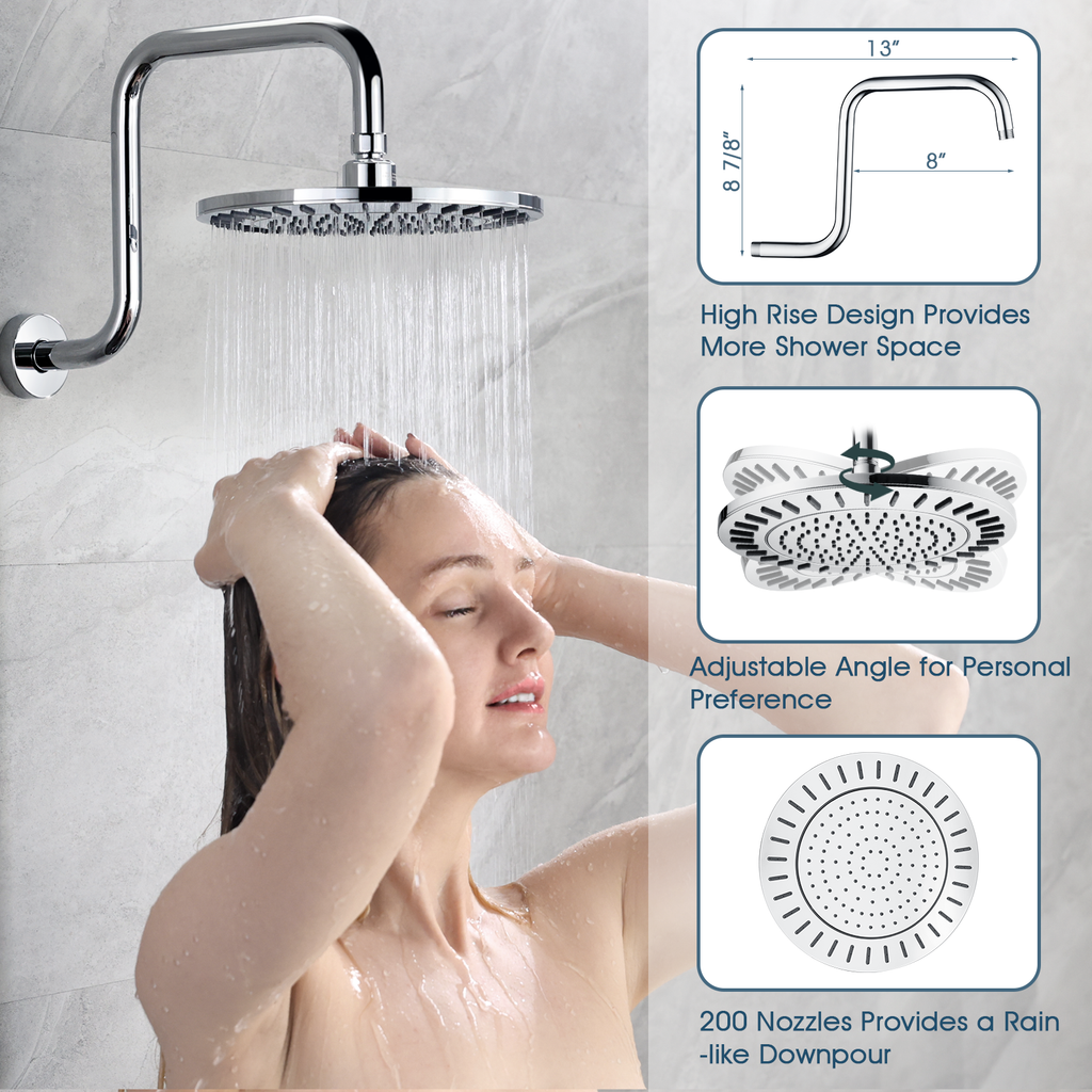 Bright Showers 9-Spray Shower Faucet Set -Shower Head with High Rise Arm, Handheld Head with Valve and Trim Kit