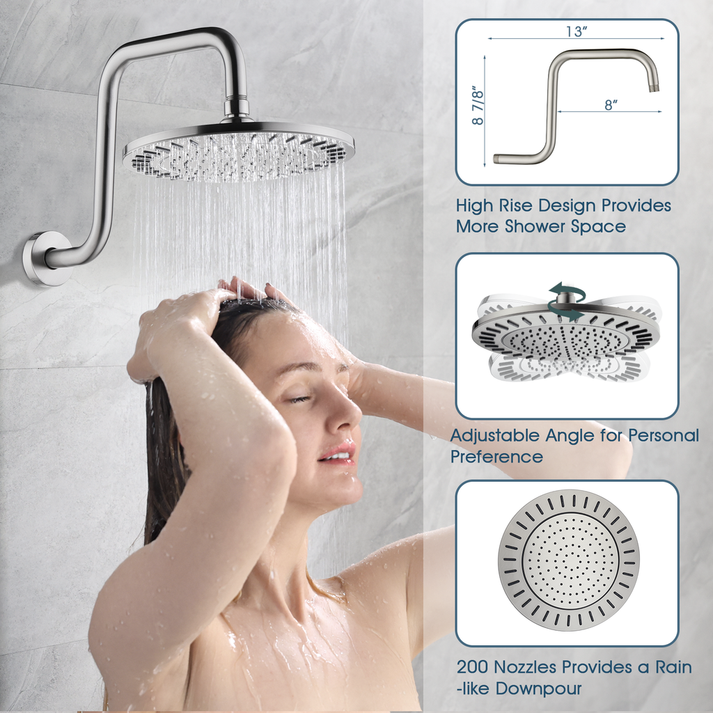 Bright Showers 9-Spray Shower Faucet Set -Shower Head with High Rise Arm, Handheld Head with Valve and Trim Kit