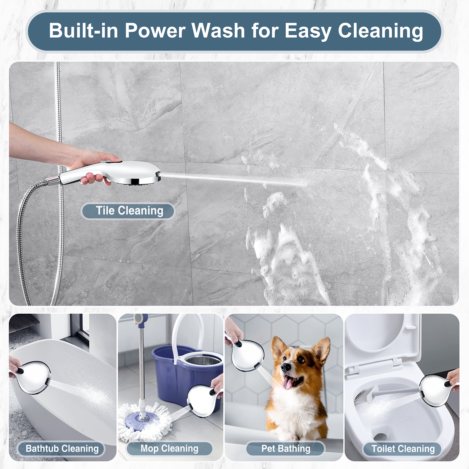 High Pressure Handheld Shower Head, 9-Spray Showerhead with 69" Hose, Bracket