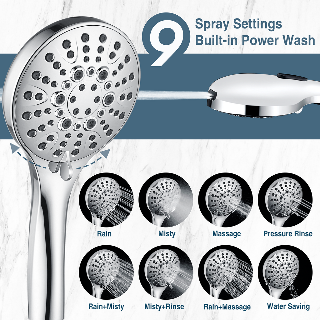 High Pressure Handheld Shower Head, 9-Spray Showerhead with 69" Hose, Bracket