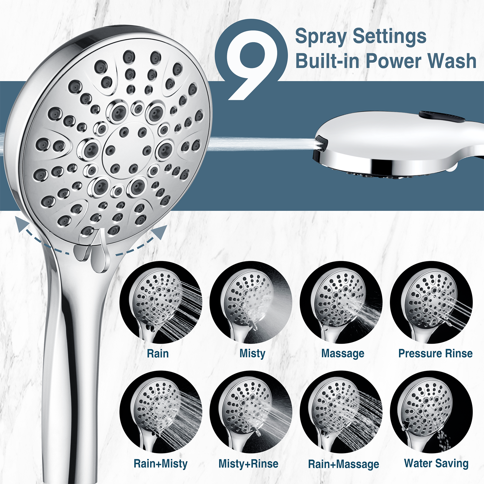 High Pressure Handheld Shower Head, 9-Spray Showerhead with 69" Hose, Bracket