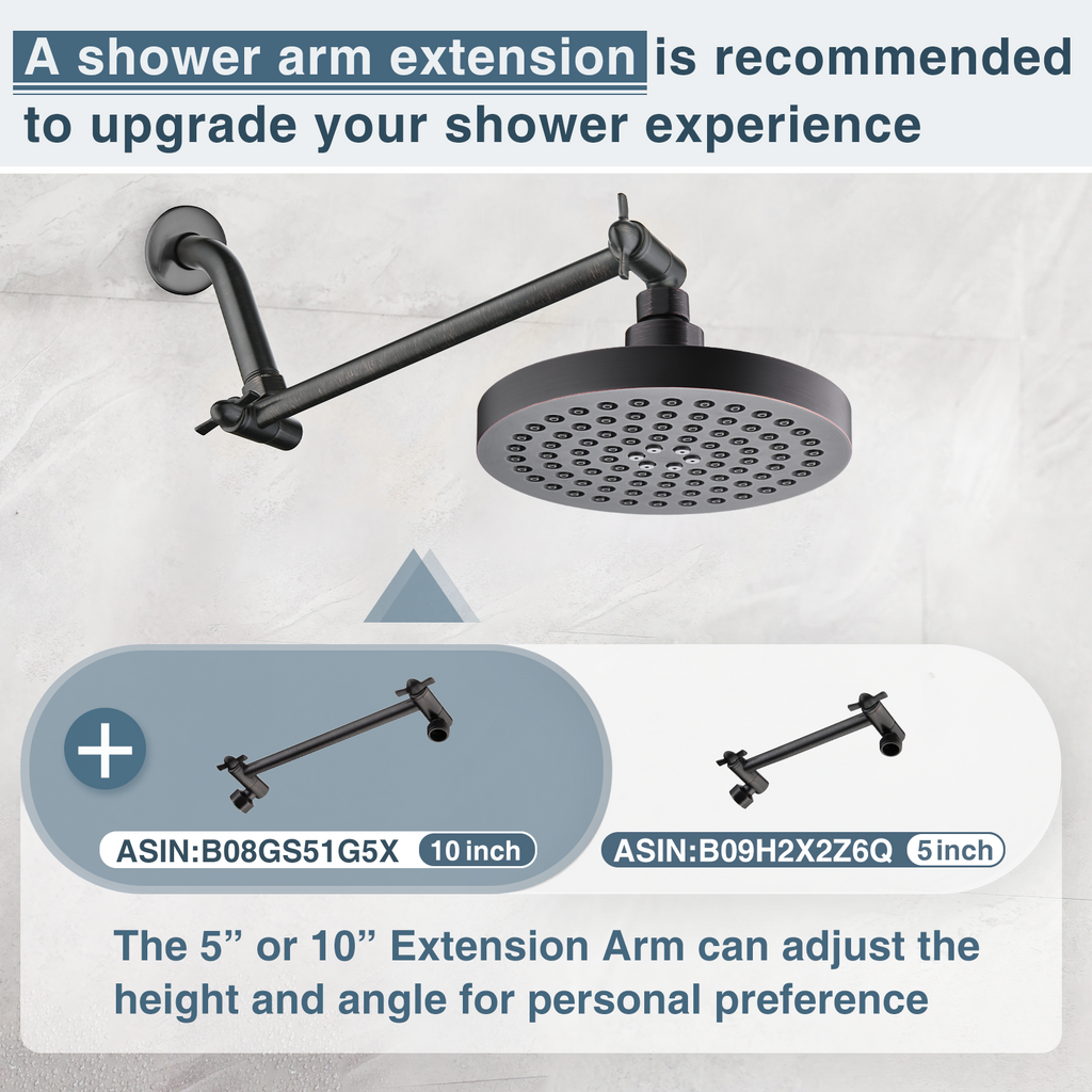 High Pressure 6 Inch Rainfall Shower Head with 2 Spray Settings, Adjustable Angle
