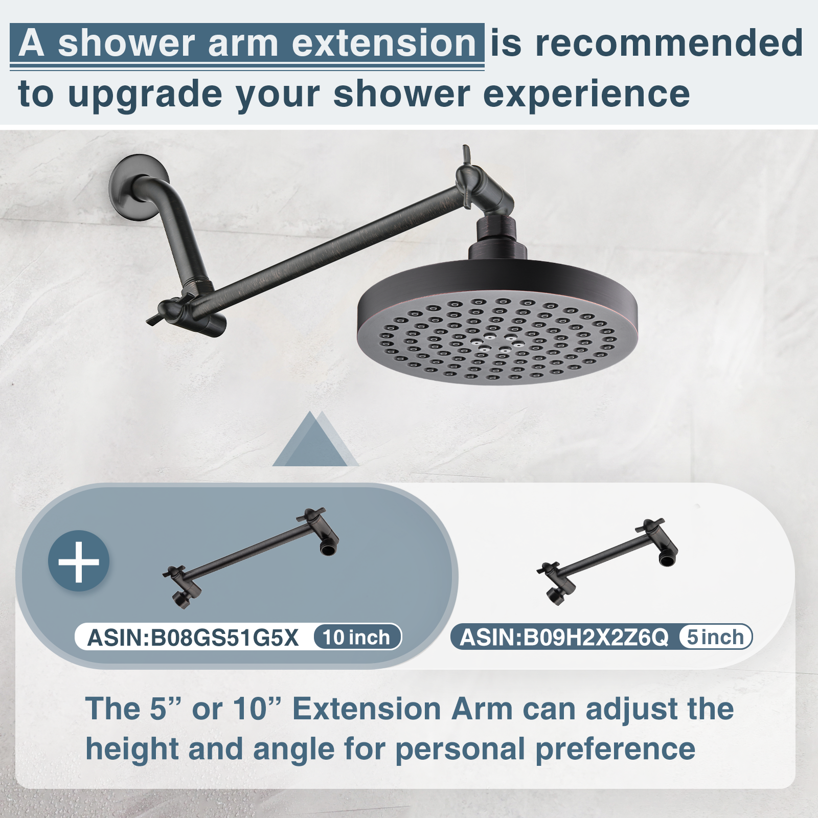 High Pressure 6 Inch Rainfall Shower Head with 2 Spray Settings, Adjustable Angle