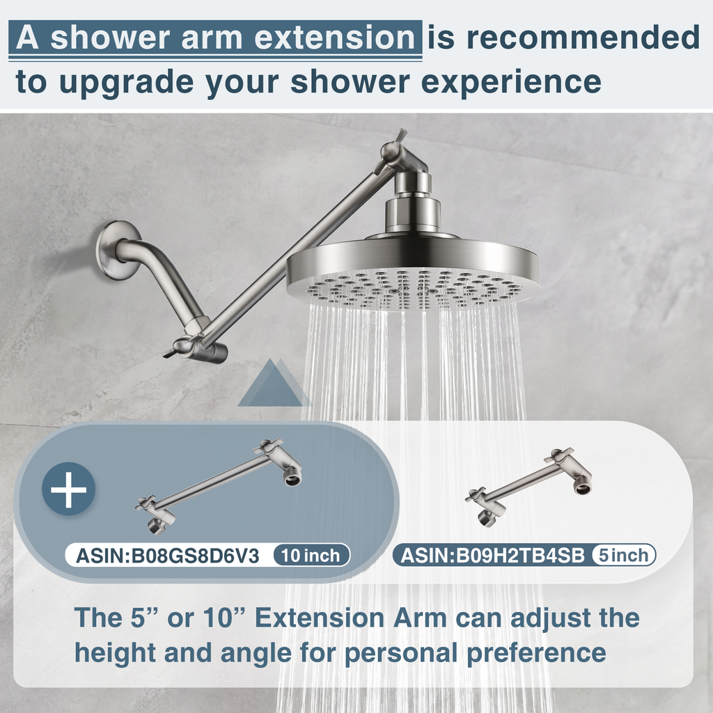 High Pressure 6 Inch Rainfall Shower Head with 2 Spray Settings, Adjustable Angle